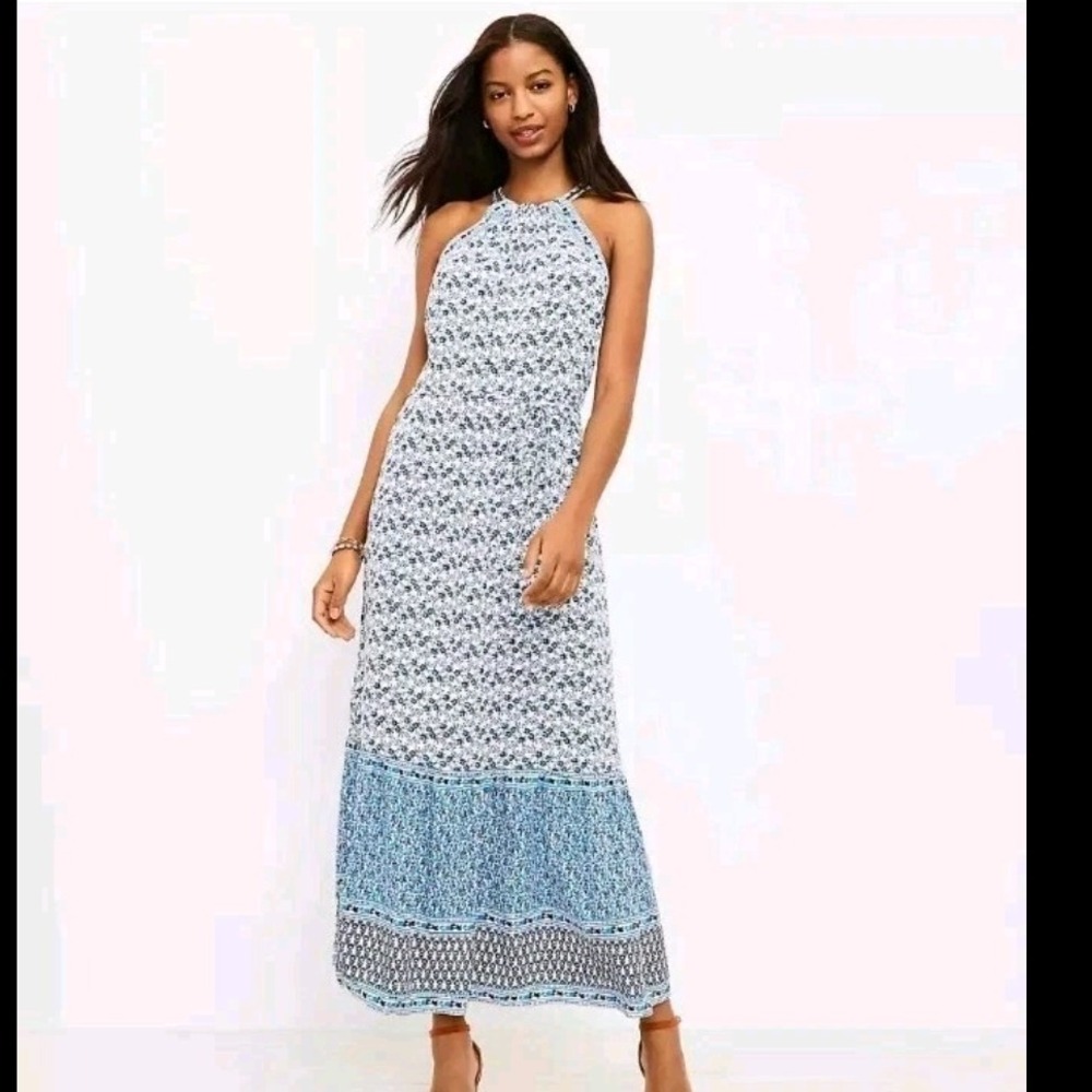 LOFT Petite Floral Maxi Dress‎ Halter Neck Tie Waist Blue White S